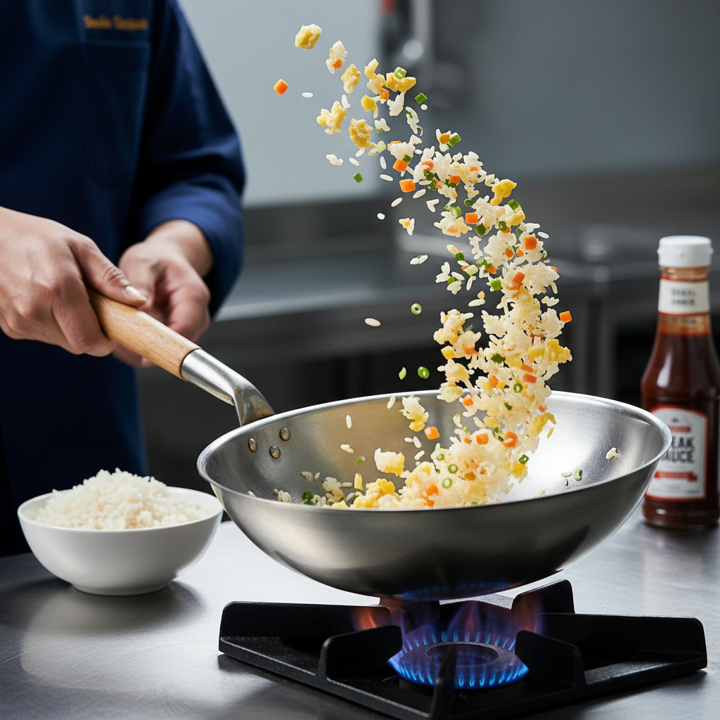 팬에서 밥과 야채를 볶는 계란볶음밥 조리 과정