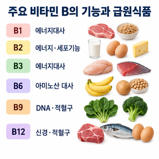 돼지고기 통곡물 유제품 생선 달걀 콩류 잎채소 등 비타민 B군의 주요 식품 공급원을 종류별로 정리한 이미지