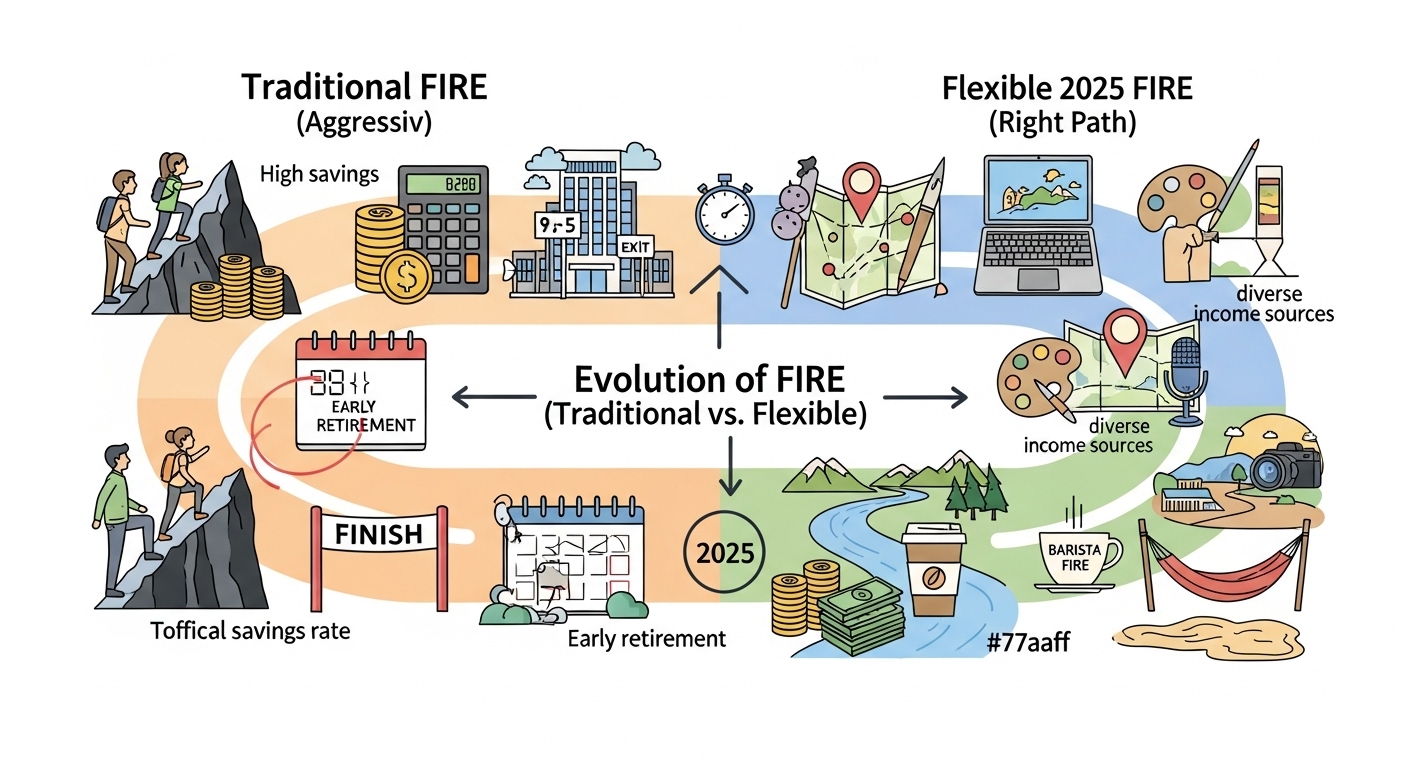 전통적인 파이어와 2025년 유연한 파이어(세미 파이어) 전략의 변화를 시각적으로 보여주는 인포그래픽.