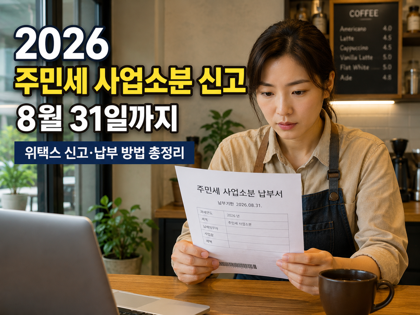 카페 사장이 카운터에서 주민세 고지서를 확인하는 장면