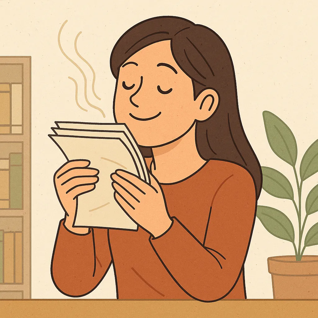 종이-냄새를-맡고-기분-좋아하는-여성을-묘사한-일러스트-이미지