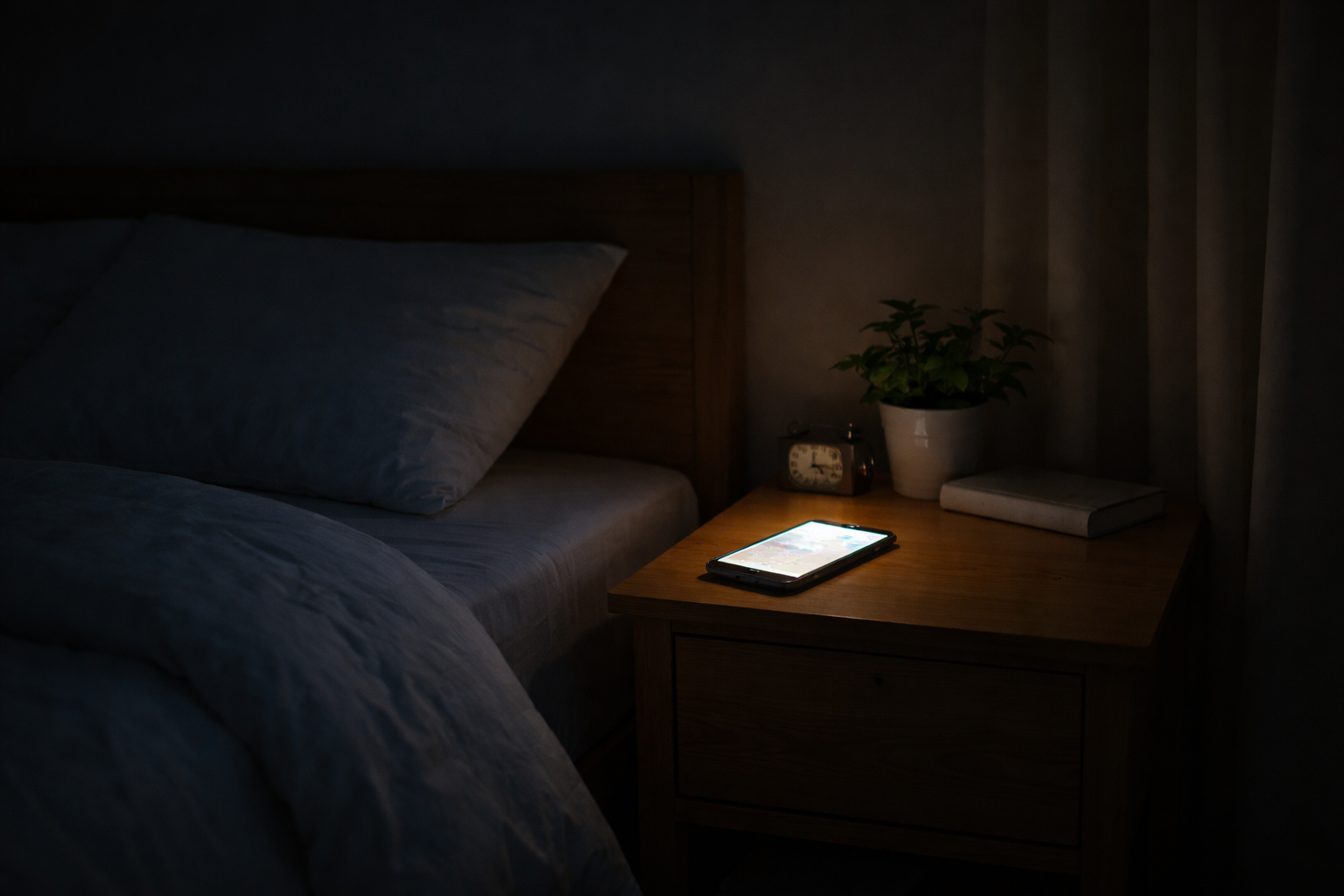 잠들기 전 스마트폰 불빛이 남아 있는 침실 풍수 환경