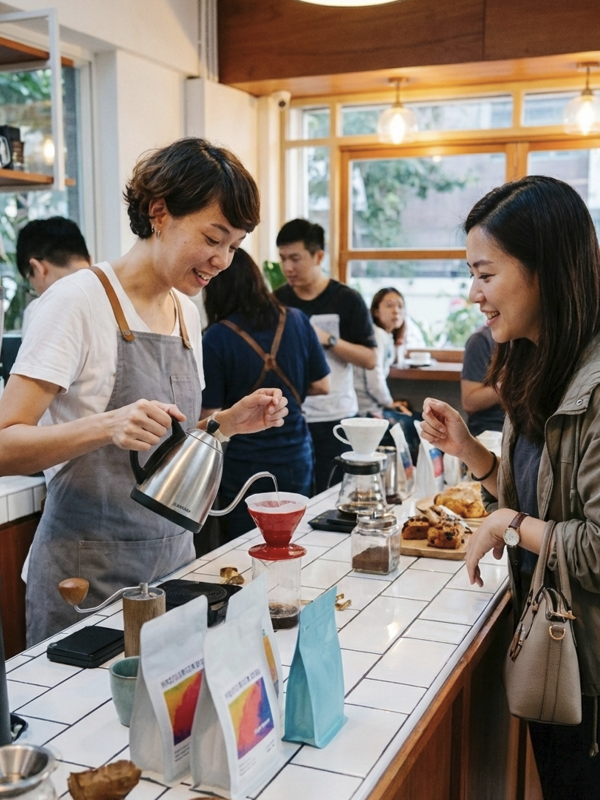 바리스타가 스페셜티 커피를 추출하고 이를 기다리는 고객의 모습