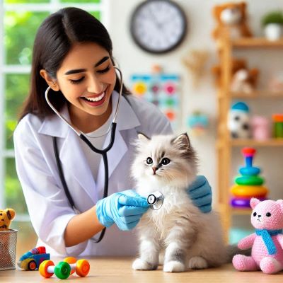 아기 고양이가 수의사의 검진을 받고 있다.