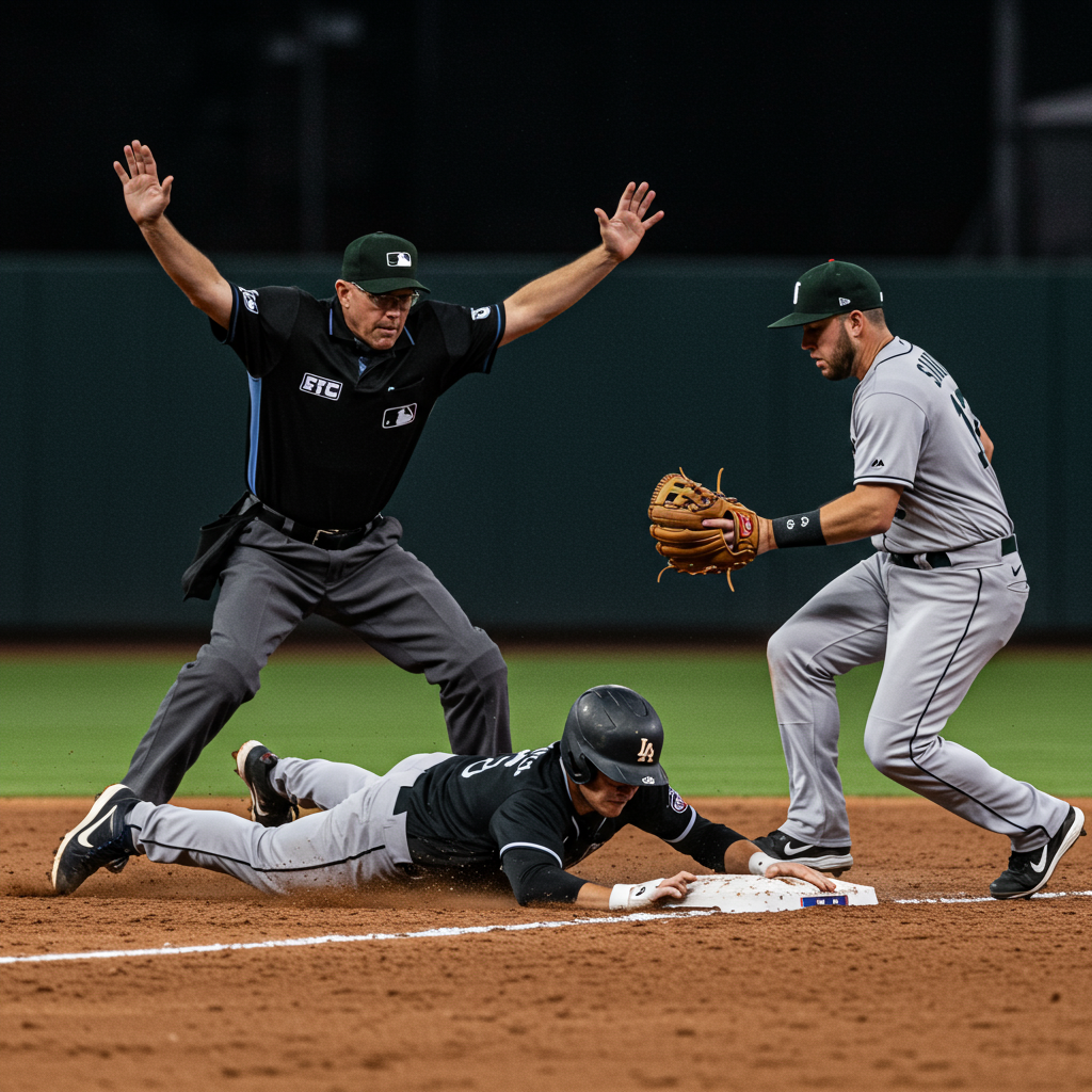 주자는 베이스를 향해 슬라이딩을 하고있고, 수비수는 그 주자에게 태그를 하기 위해 글러브를 뻗고 있다. 심판은 아웃 세이프 여부를 판정하기 위해 지켜보다가 세이프 판정을 내리고 있다