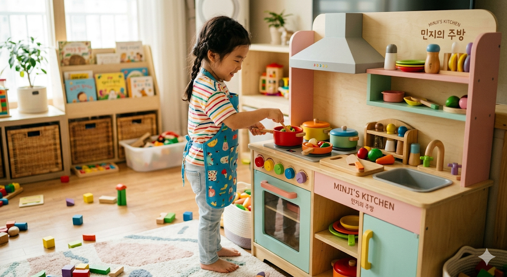 혼자 주방놀이를 하고 있는 아이의 모습