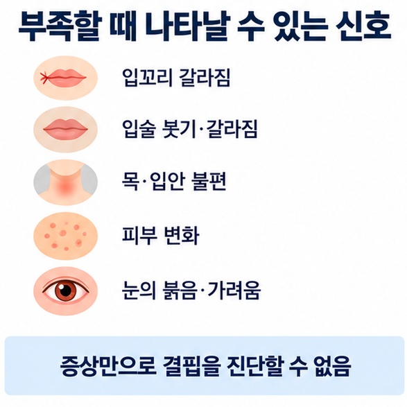 입꼬리 갈라짐 입술 변화 피부와 눈 불편감 등 비타민 B2 부족 시 나타날 수 있는 신호 인포그래픽