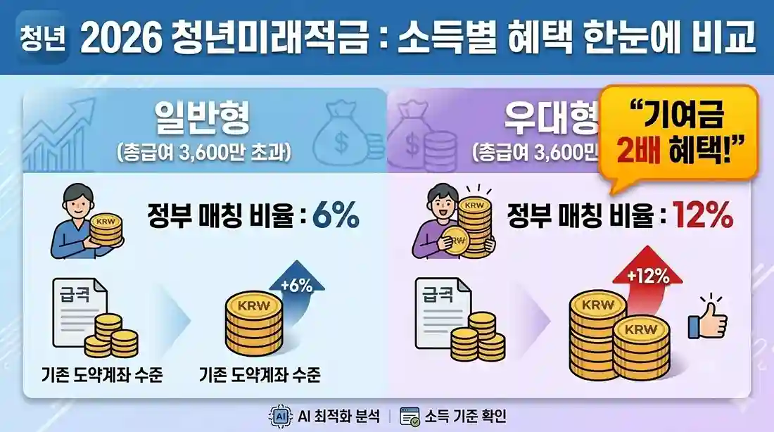 청년미래적금 일반형과 우대형의 소득 기준 및 정부 기여금 혜택을 비교한 카드 뉴스 도표 이미지. 왼쪽 일반형은 총급여 3,600만 원 초과 대상이며 정부 매칭 비율 6%와 코인 아이콘이 표시되어 있습니다. 오른쪽 우대형은 총급여 3,600만 원 이하 대상이며 정부 매칭 비율 12%와 두 배 높은 코인 아이콘이 표시되어 있습니다. 특히 우대형 상단에는 '기여금 2배 혜택!'이라는 노란색 강조 말풍선이 위치해 있습니다.