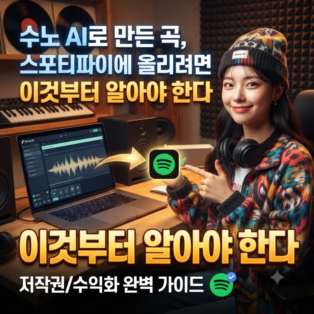 alt="수노 AI로 만든 곡을 스포티파이에 업로드하는 저작권 및 수익화 가이드를 안내하는 블로그 썸네일 이미지"
