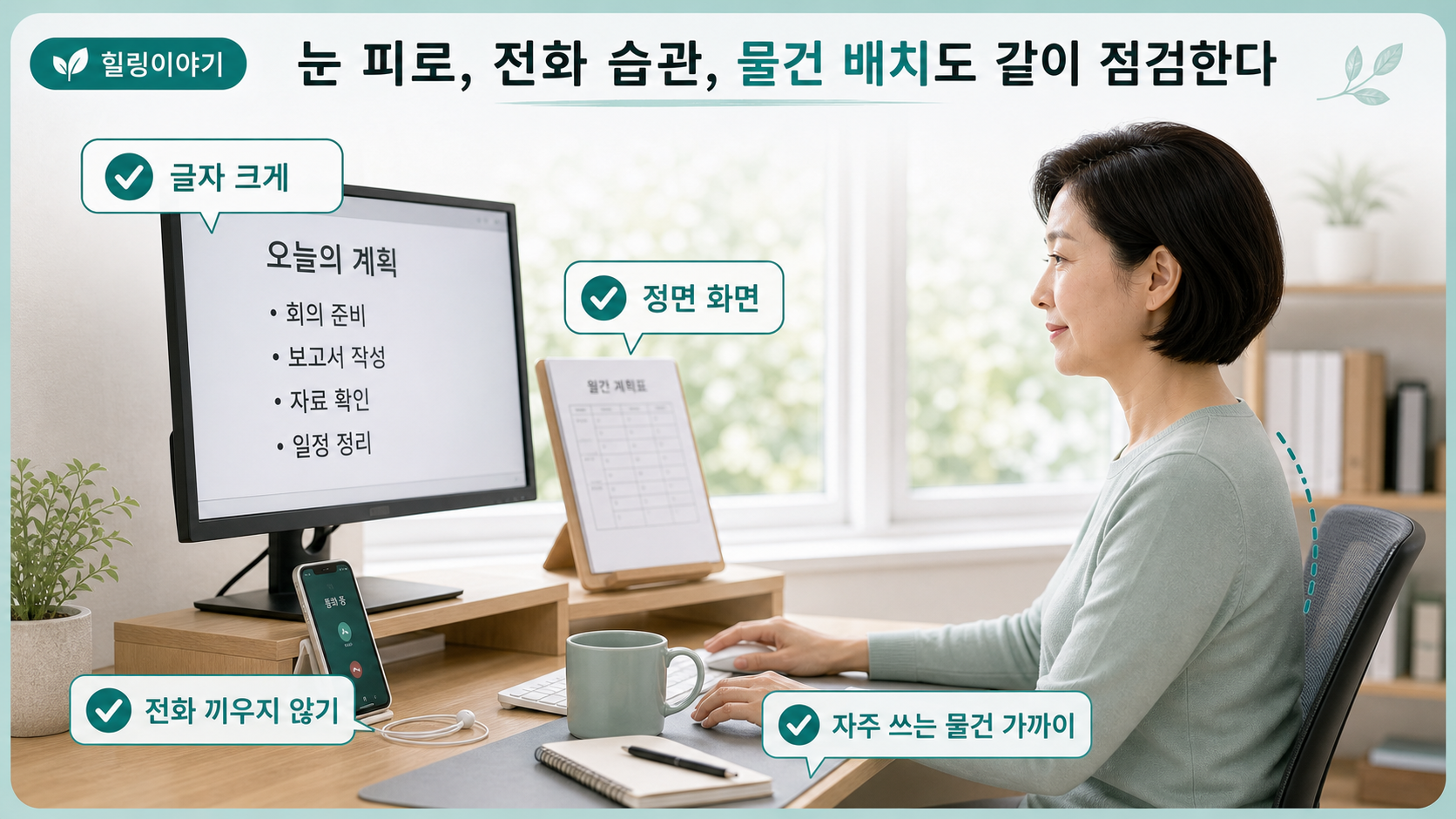 눈 피로 전화 습관 물건 배치를 함께 확인하는 컴퓨터 어깨 뭉침 책상 습관 이미지