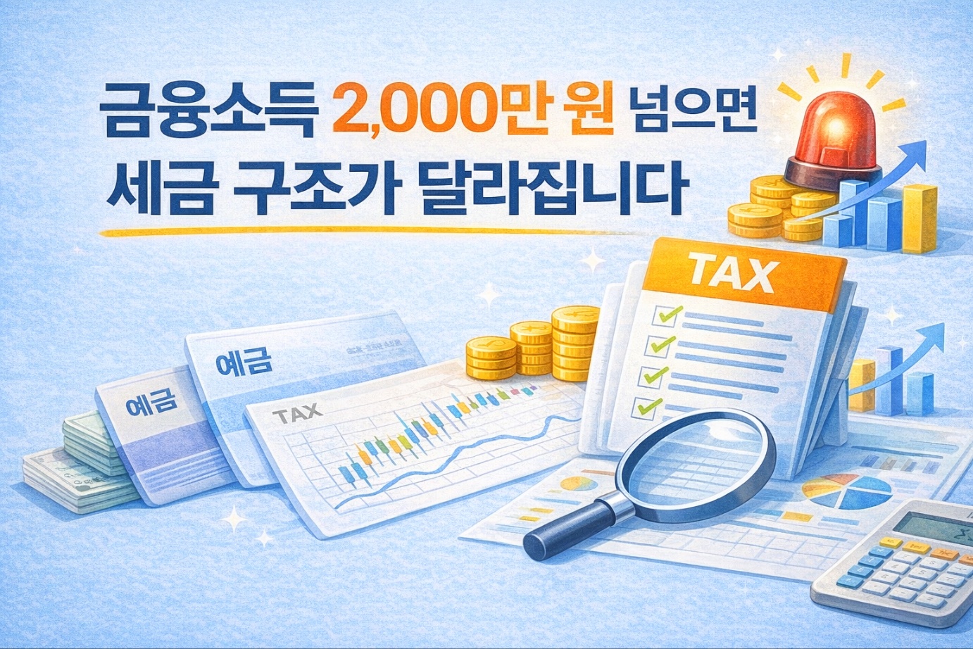 금융소득이 연 2,000만 원을 초과하면 세금 구조가 달라진다는 문구와 함께 세금 서류, 그래프, 동전, 경고등 아이콘이 배치된 금융소득종합과세 안내 인포그래픽.