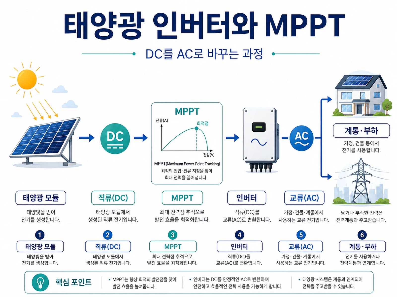 태양광 모듈의 DC 전력을 인버터가 MPPT 제어 후 AC로 변환하는 과정