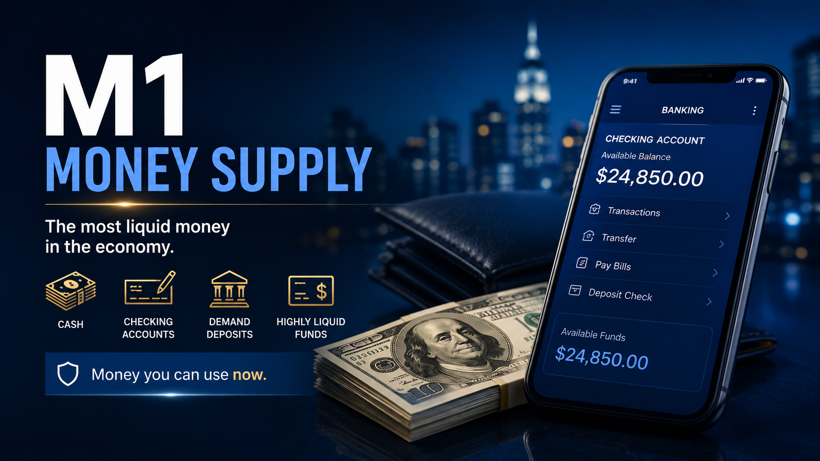M1 money supply concept showing cash, checking accounts, and highly liquid funds available for immediate spending and investment