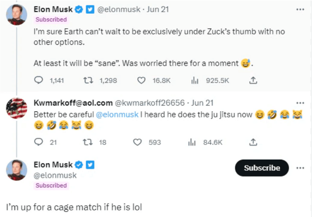 머스크 저커버그 결투 관련 머스크의 트윗