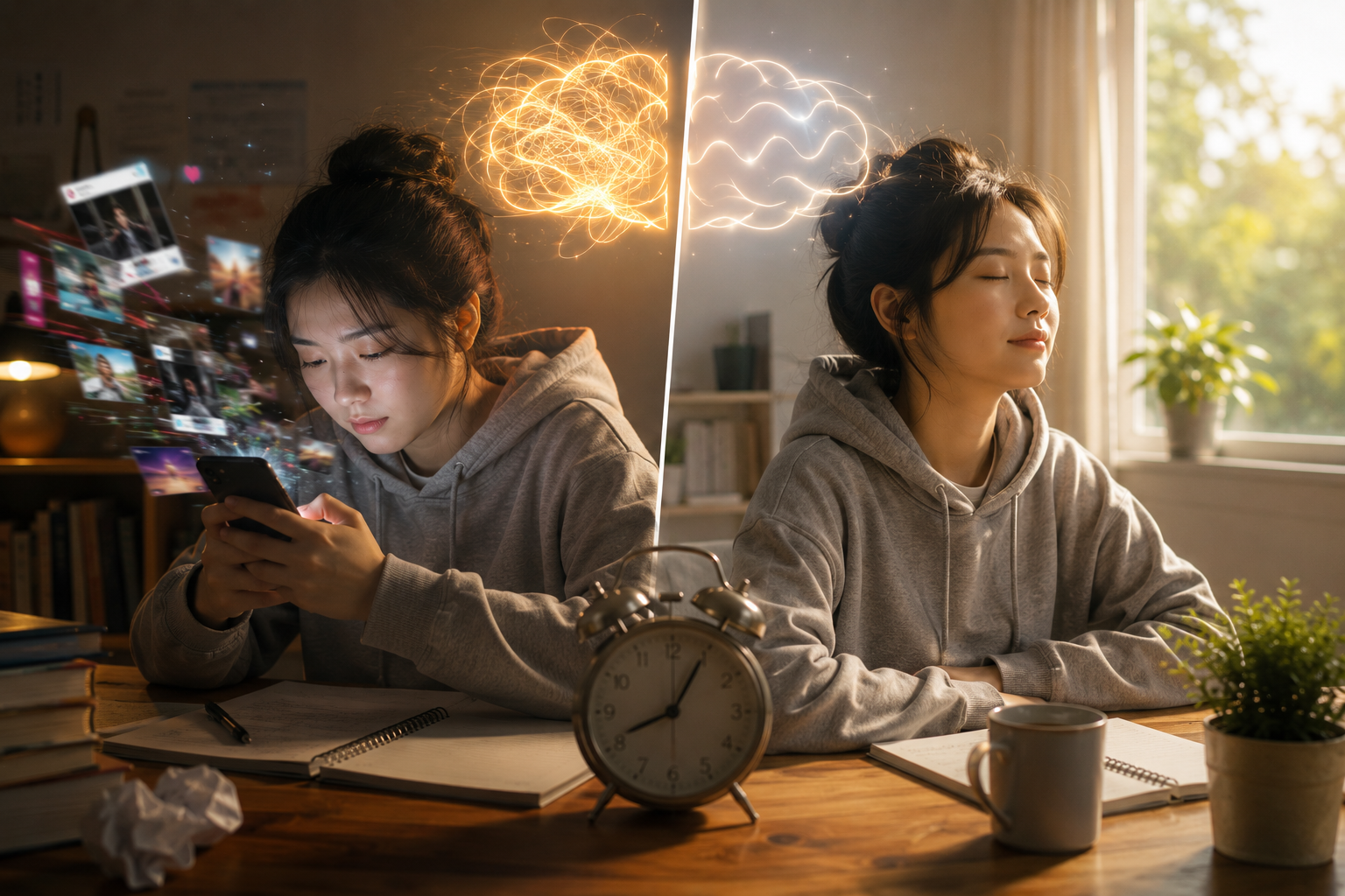 스마트폰을 보면서 집중 안 하는 학생과 안 보면서 집중을 하고 있는 학생