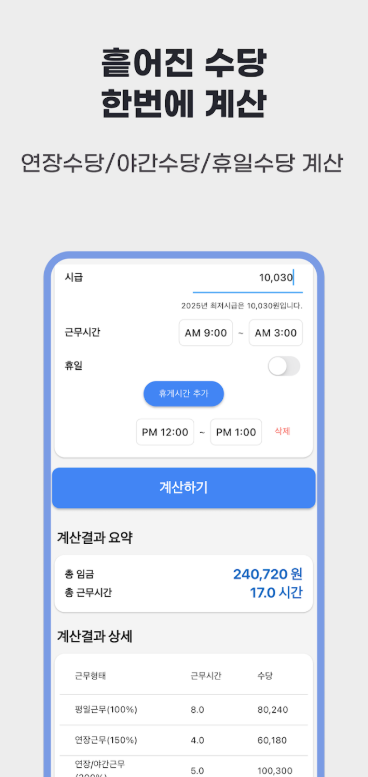 휴일 야간수당 계산방법, 연장근무 초과근무 야간근무 휴일근무 수당계산기
