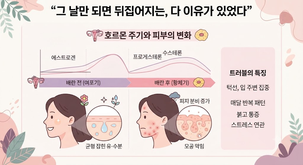 상단에 "호르몬 주기와 피부의 변화"라는 소제목과 함께 에스트로겐과 프로게스테론의 변화 그래프가 나타나 있음.
