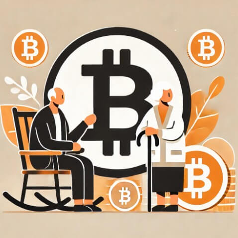 머리가 희게 변한 나이드신 분들과 비트코인이 함께 그려진 그림