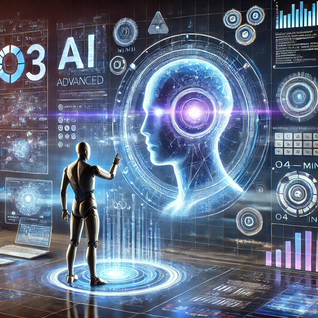 미래형 디지털 작업공간에서 'o3'와 'o4-미니'라는 두 AI 추론 모델이 각각 홀로그램 형태로 나타나 있으며, 사용자가 이들과 상호작용하고 있는 모습. 'o3'는 복잡한 데이터 분석을, 'o4-미니'는 빠르고 효율적인 작업을 상징함. 파란색과 보라색의 하이테크 테마