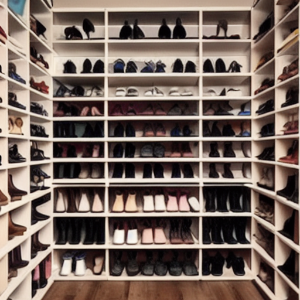 여러 종류의 신발로 꽉 체워진 신발장 사진