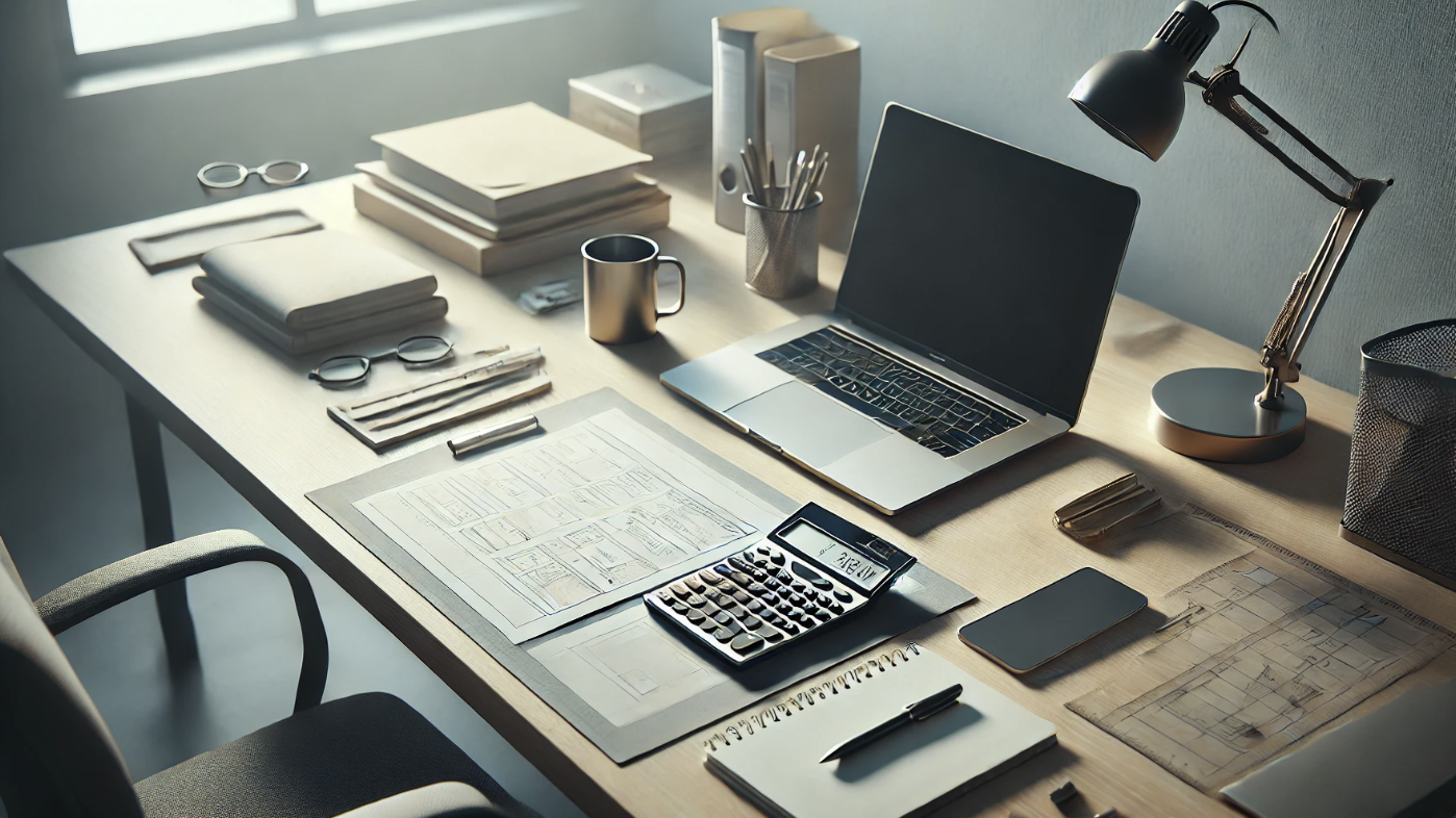 노트패드와 랩탑이 있는 책상 위의 공학용 계산기