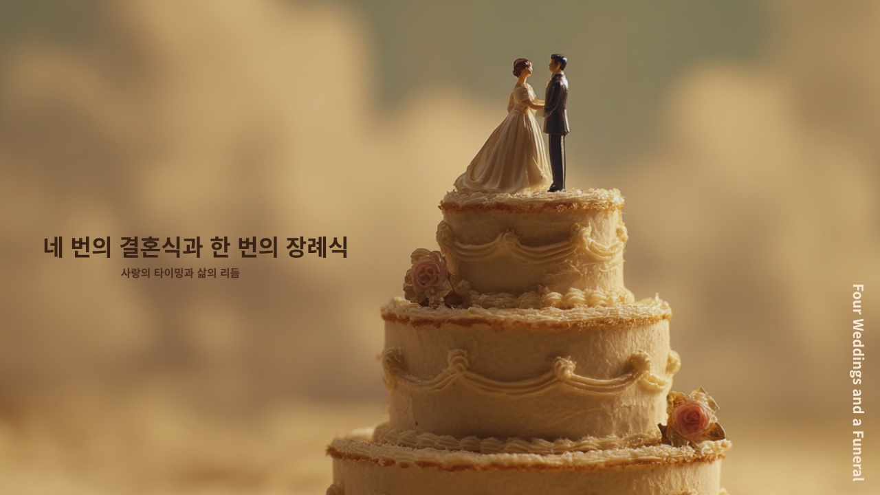 웨딩 케이크 위에 서 있는 신랑 신부 피큐어와 따뜻한 베이지 톤의 배경. 영화 네 번의 결혼식과 한 번의 장례식의 사랑과 삶의 리듬을 상징하는 커스텀 썸네일.