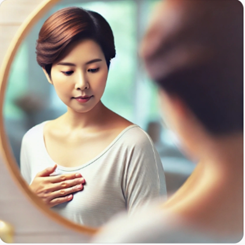 여성이 유방암 자가 검진을 하는 모습 ❘ East Asian woman checking for breast cancer.