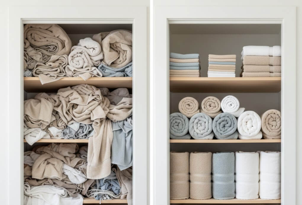 수건정리 전과 후 비교사진