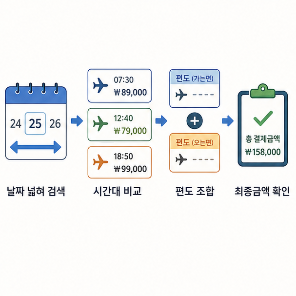 날짜 범위 확대, 시간대 비교, 편도 조합, 최종금액 확인으로 정리한 비교 순서