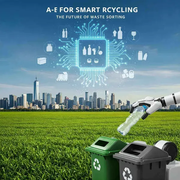 미래 도시 이미지 &ndash; 로봇 팔이 페트병을 분리수거통에 넣고 있고, 배경에는 도시와 회로 아이콘이 결합되어 스마트 분리배출 개념을 시각화함