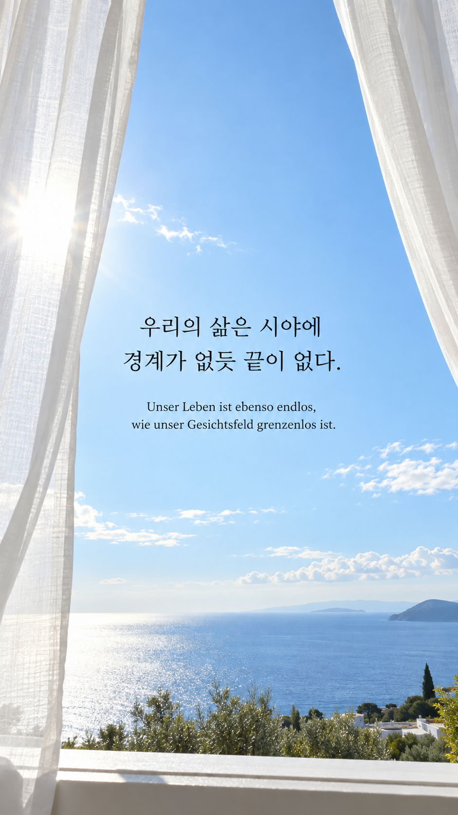 독일어 명언 28 비트겐슈타인 우리의 삶은 시야에 경계가 없듯 끝이 없다. — 푸른 하늘을 향해 열린 흰 커튼