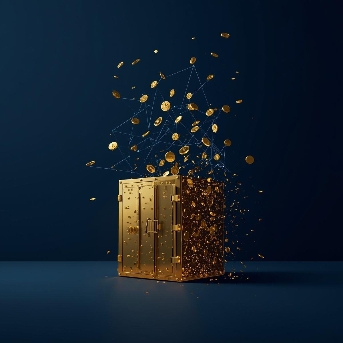 열린 황금색 금고에서 쏟아져 나오는 동전들과 수직으로 솟구치는 푸른색 디지털 광원, 실물 자산 토큰화(RWA)와 블록체인 금융 시스템을 형상화한 3D 그래픽