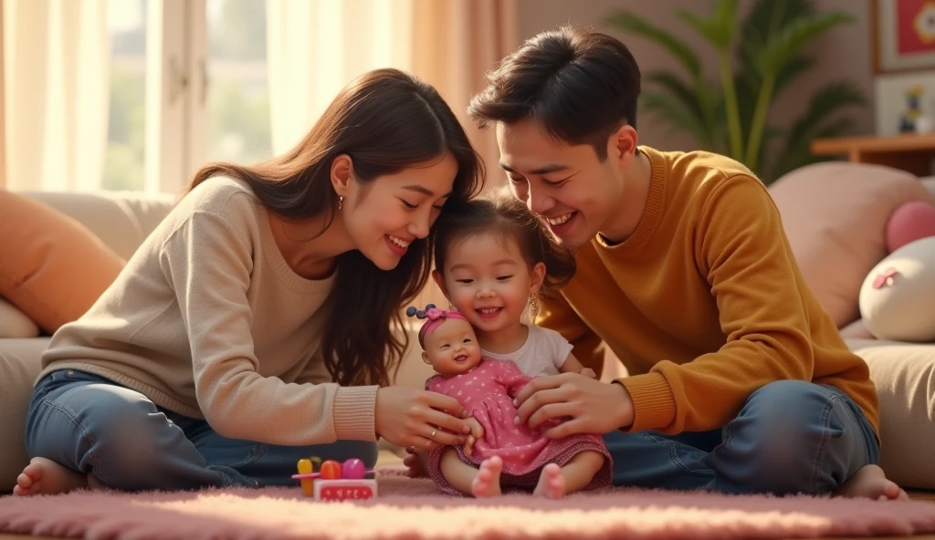 부부가 아기랑 노는 모습 이미지