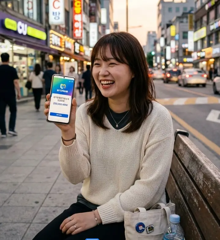 경기지역화폐 모바일 앱 화면에 청년기본소득 25만 원이 성공적으로 충전된 내역을 보여주는 정보성 이미지