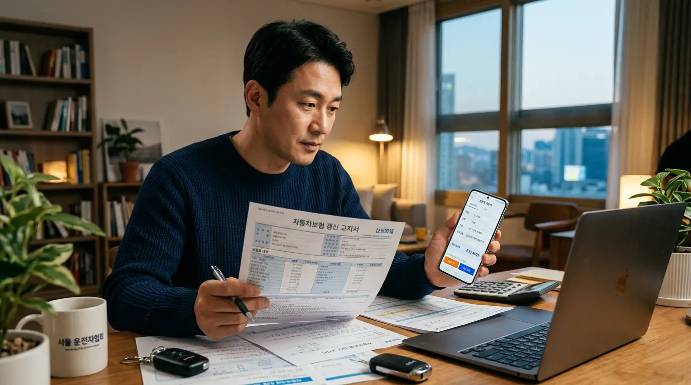 자동차 보험 갱신 고지서를 보며 보험료 계산기로 계산을 해보는 운전자의 모습