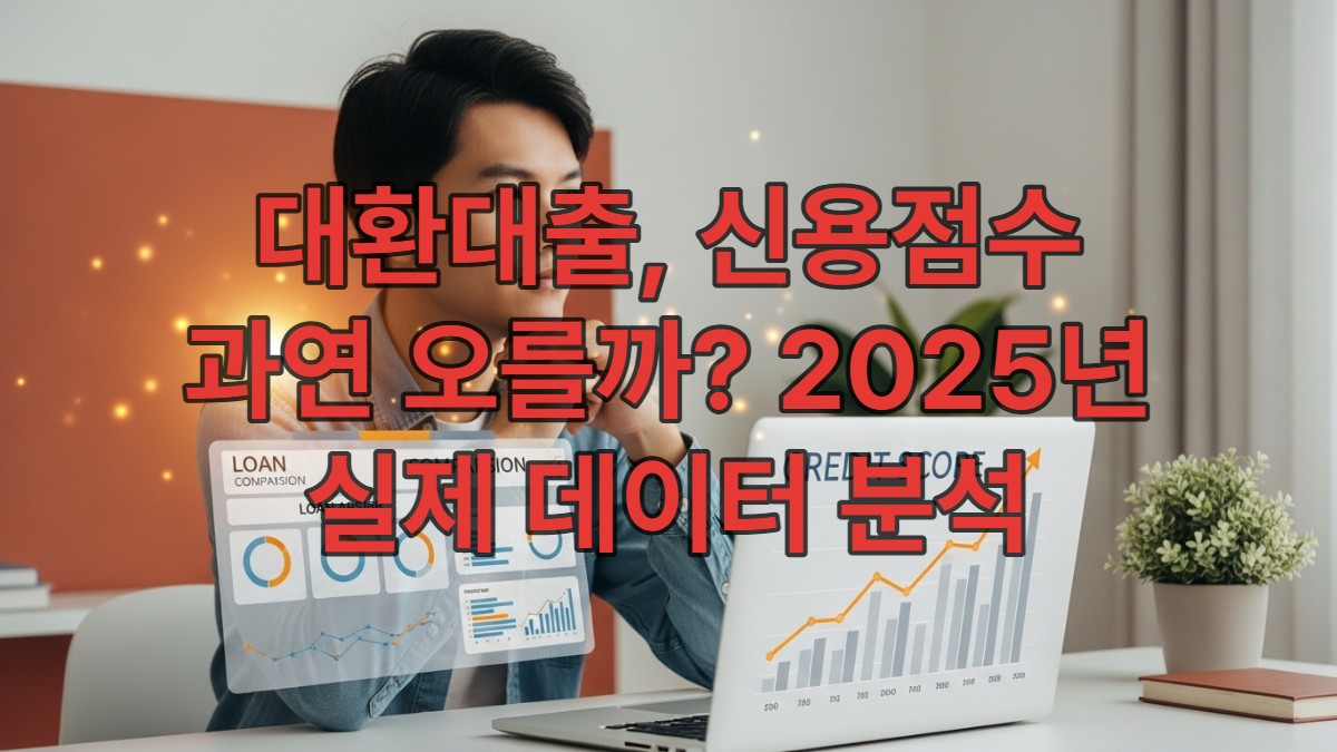 노트북 화면에서 대환대출 상품과 신용점수 그래프를 비교하며 고민하는 사람의 모습. 금융 지식을 통해 현명한 결정을 내리는 모습을 표현하며, 신뢰감을 주는 이미지.