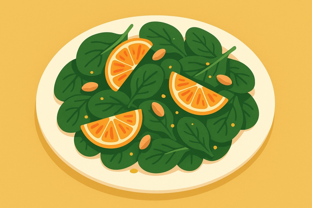 흰 접시에 담긴 시금치 오렌지 샐러드가 노란 배경 위에 놓인 플랫 디자인 일러스트 — 진한 녹색 시금치 위에 오렌지 조각과 아몬드가 고르게 올려져 있고, 올리브오일 드레싱이 살짝 뿌려져 있음.