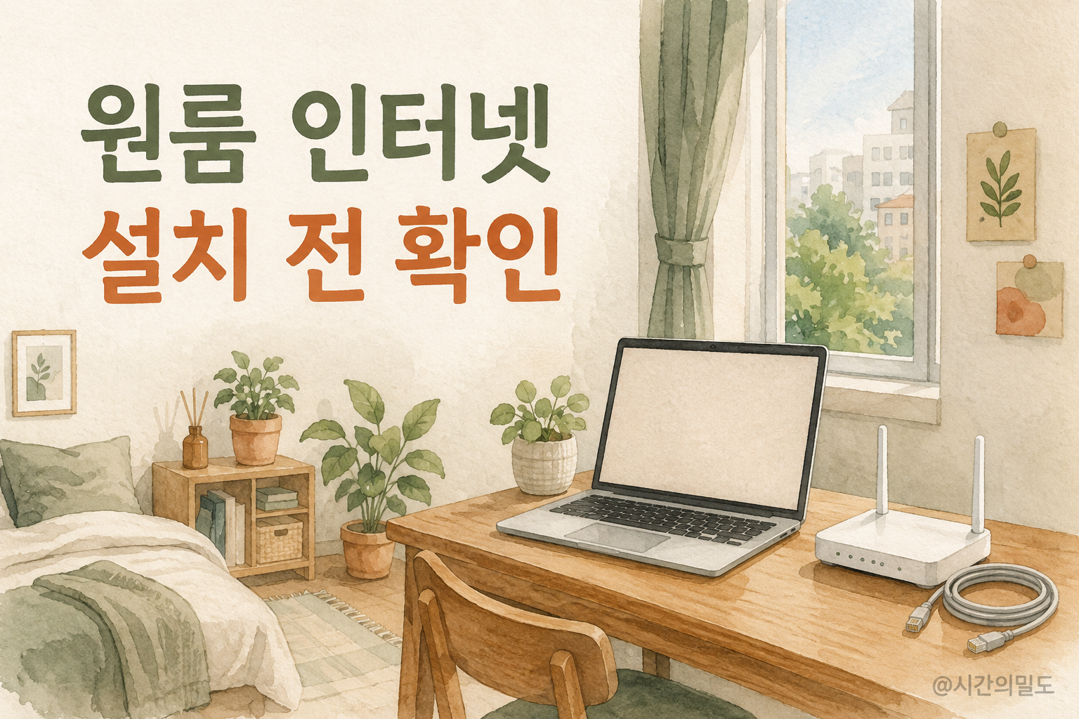 원룸 책상 위 노트북과 공유기, 인터넷 케이블을 그린 설치 준비 그림