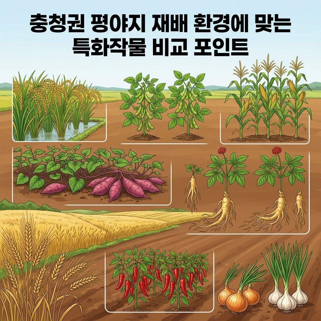 벼, 콩, 옥수수, 고구마, 인삼, 밀, 보리, 고추, 양파, 마늘 등이 자연스러운 식물 일러스트로