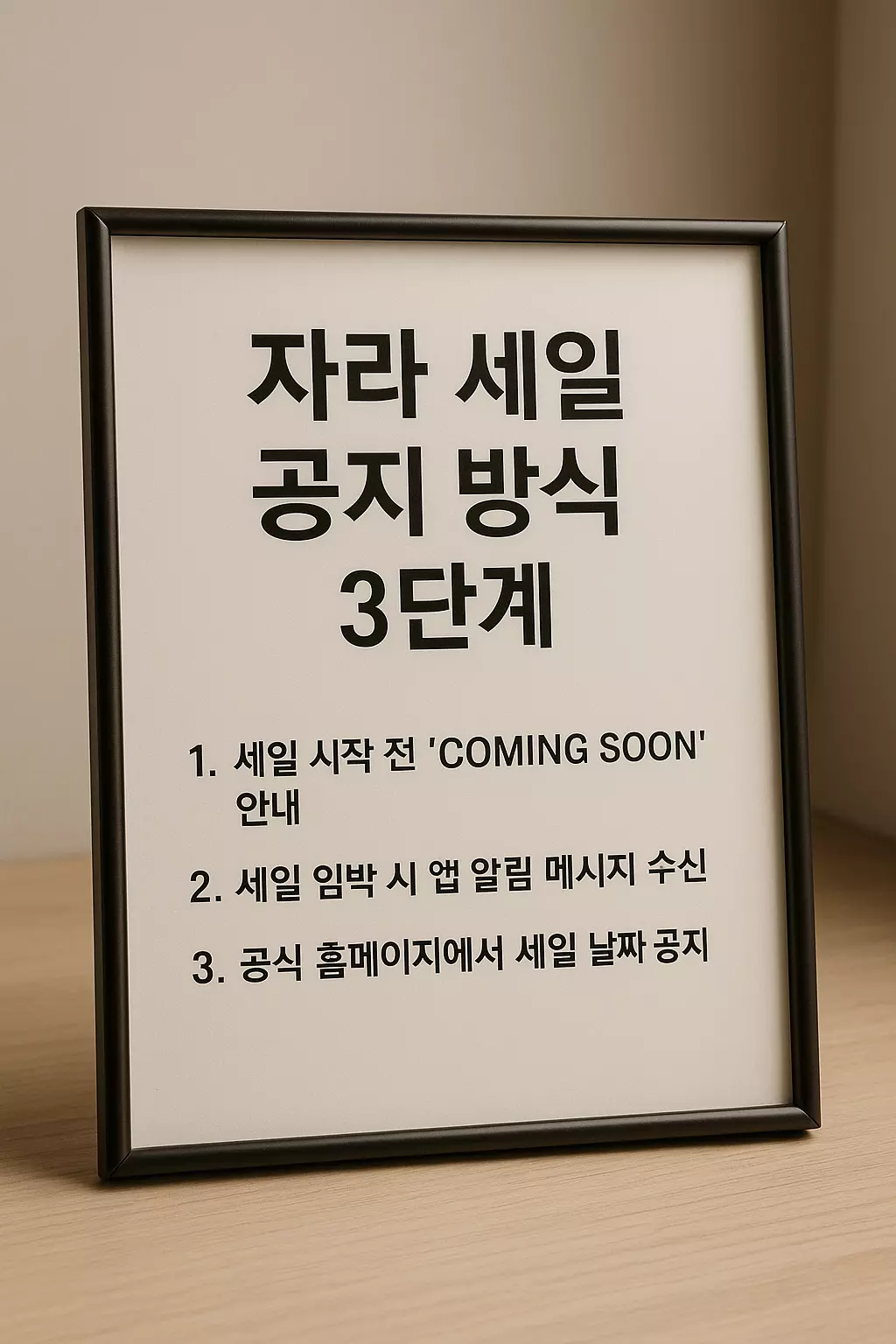 ZARA 세일 공지 방식 3단계 요약. 앱 알림과 홈페이지 공지 방식 안내 이미지