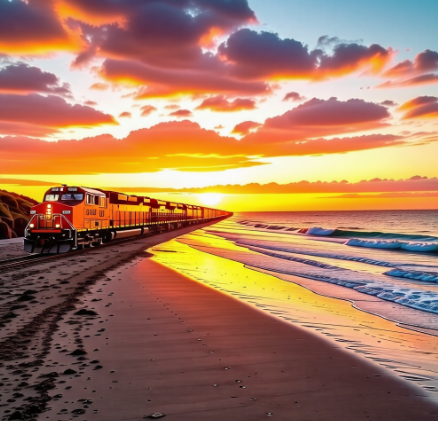 노을이 지는 바다 앞을 달리는 주황색의 열차