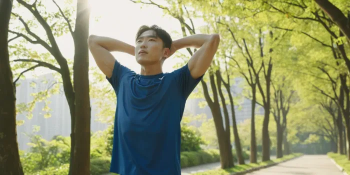 햇볕을 받으며 건강 회복을 위해 운동하는 장면