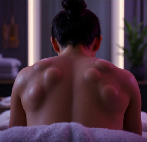 등 부위에 부항 시술 후 남은 동그란 자국들. 혈액 순환 촉진과 근육 이완 효과를 보여주는 모습.