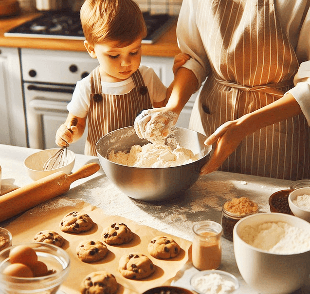 주방 식탁에서 어린 남자아이와 엄마가 밀가루 반죽을 하면서 초코쿠키를 만들고 있다. 모두 하얀색 줄무늬의 갈색 앞치마를 맸다.