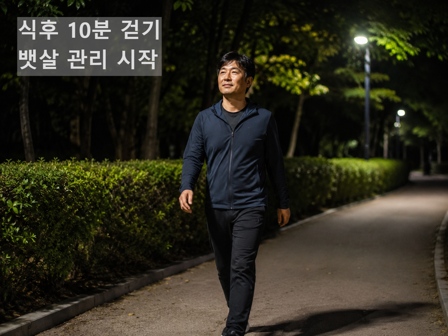 40대 남성이 저녁 식사 후 걷기로 뱃살을 관리하는 이미지