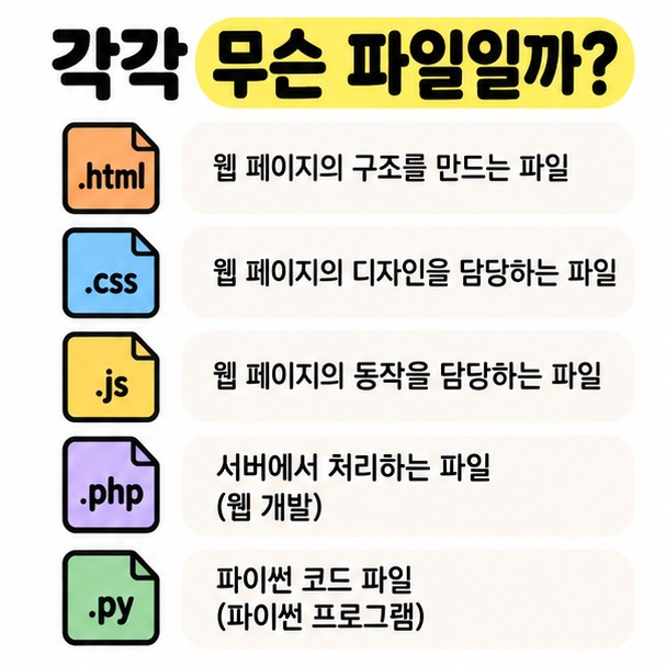 HTML 구조, CSS 디자인, JS 동작을 세 개의 웹 파일 아이콘으로 구분한 카드