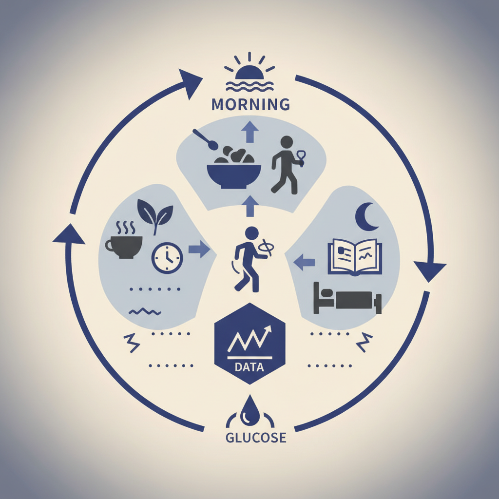 朝の血糖管理に向けた3つの実践習慣に関する統計・生理メカニズム・対策を示す政策リポート用インフォグラフィック
