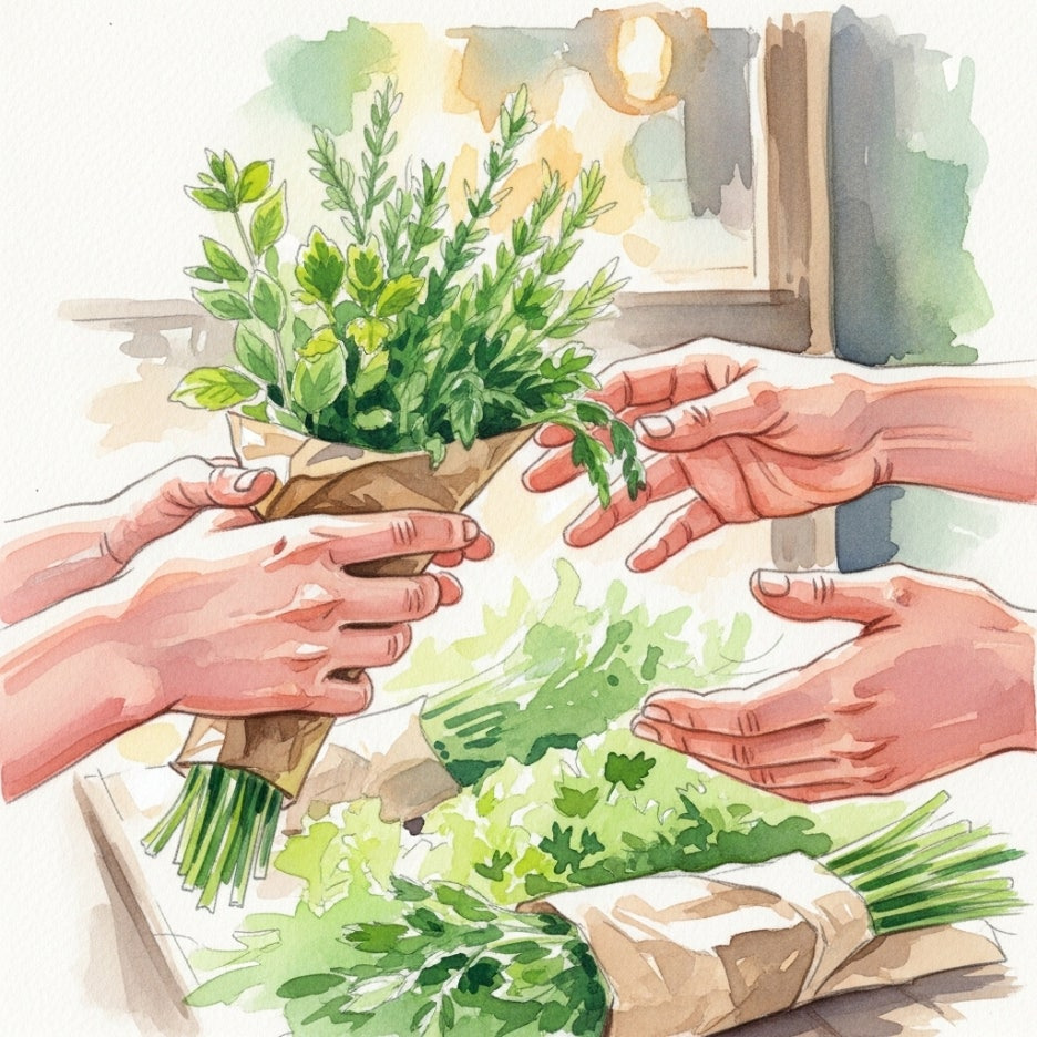 활기찬 장터에서 산나물을 구매하는 따뜻한 모습