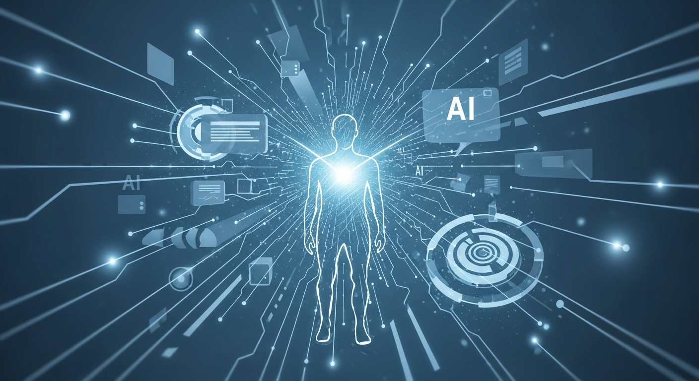 AI 시스템 내부에 인간의 형상이 삽입되어 기계적 흐름 속에서 인간의 개입과 통제를 강조하는 추상적인 그림. '휴먼 인 더 루프' 개념을 시각적으로 표현.