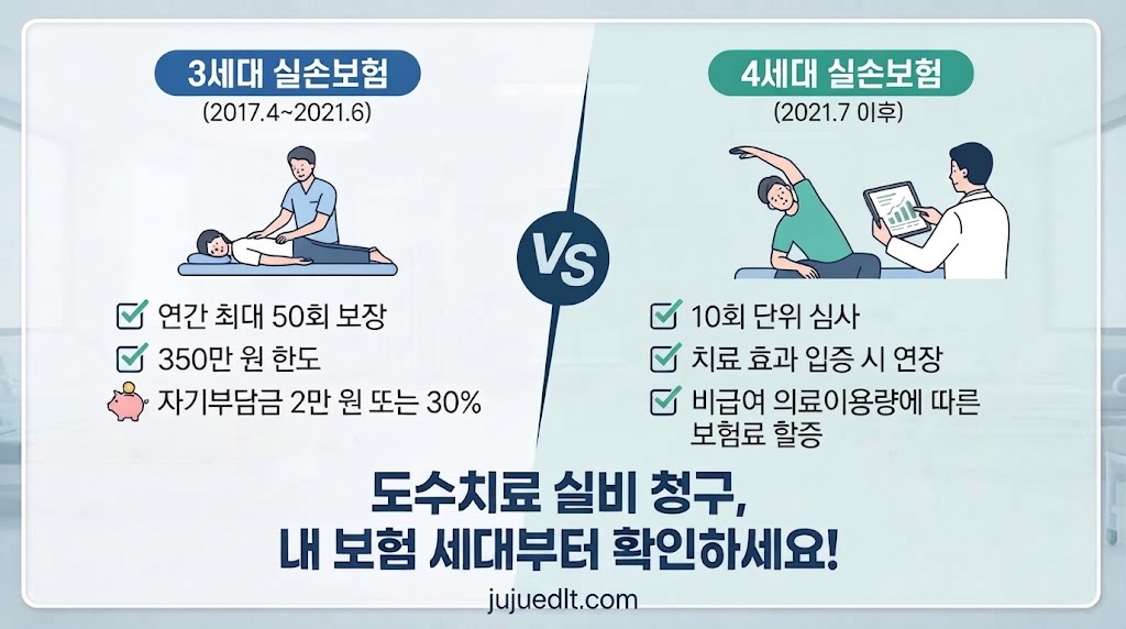 3세대 실손보험과 4세대 실손보험의 도수치료 보장 한도, 자기부담금, 10회 연장 심사 기준을 비교한 인포그래픽 이미지